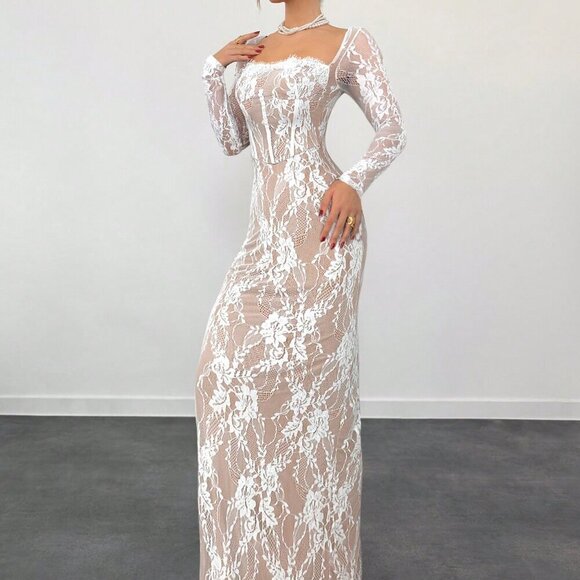 White Casual Women's Sexy S-Shape Lace Long Sleeve Cupped Bustier Tight Fitting - Picture 2 of 5